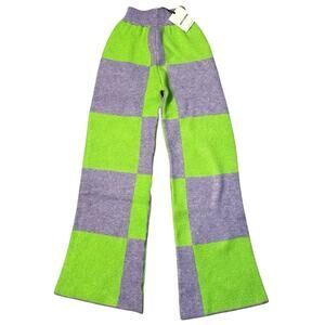 Nocturne Lime Green & Gray Check Wide Leg High Waisted Sweater Pants NEW